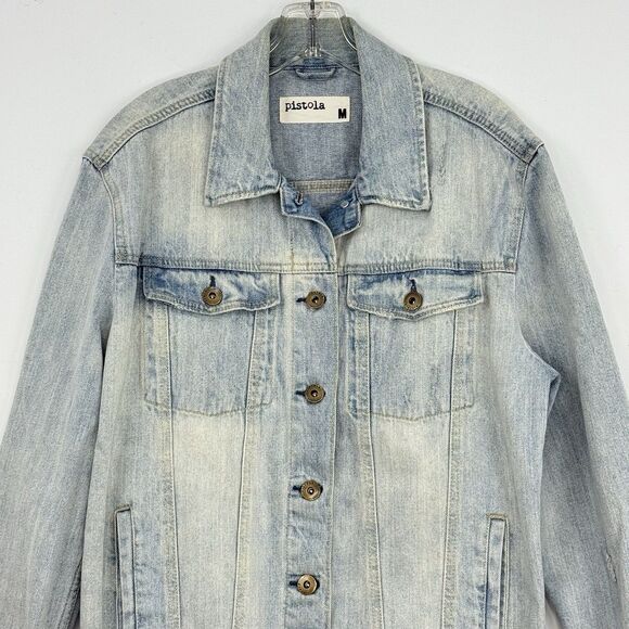 Pistola Cropped Denim Long Sleeve Jacket Raw Hem Size Medium Blue - Picture 7 of 16